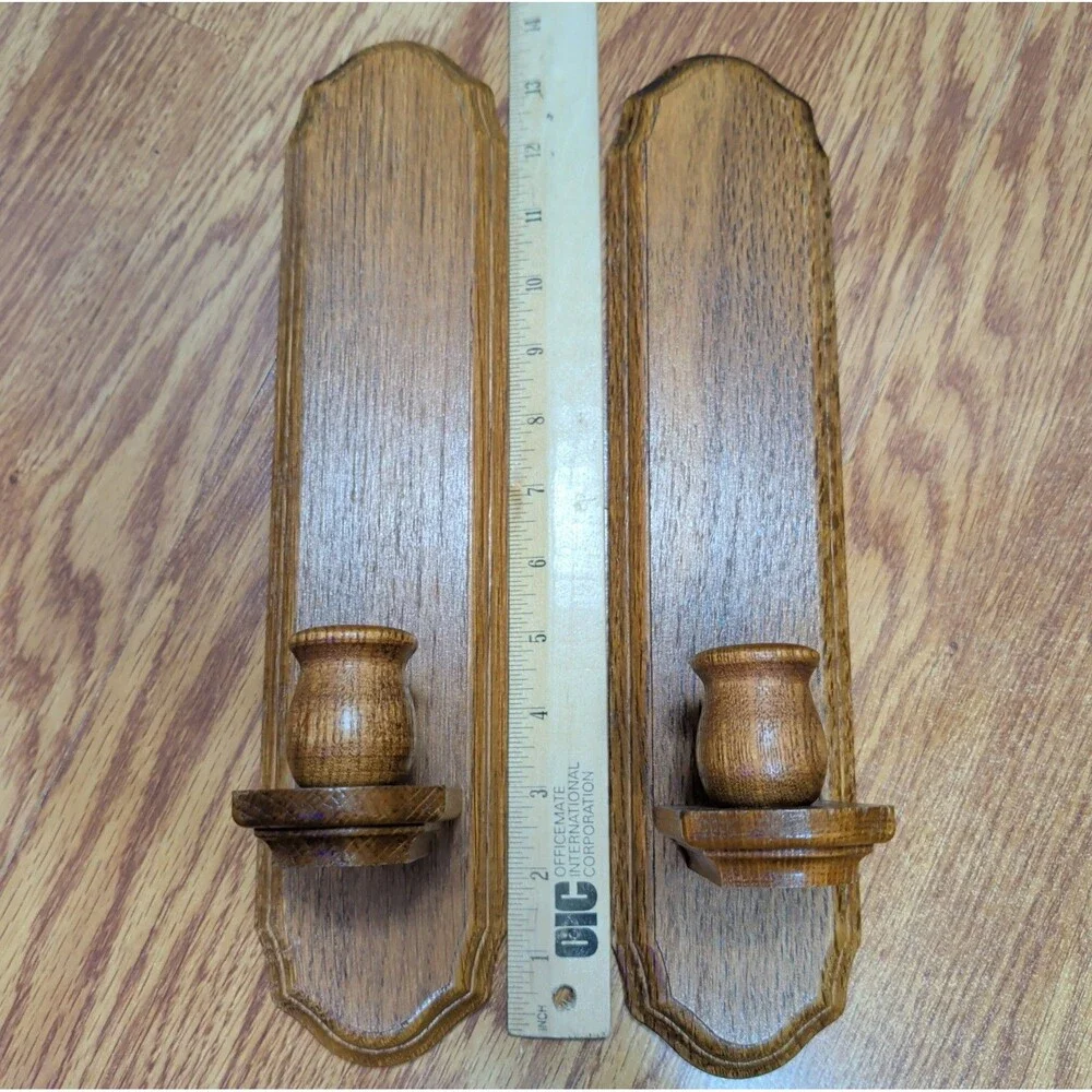 Vintage Wood Wall Sconce Candle Holders Pair 14”